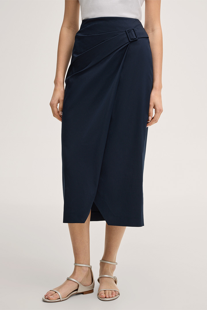 Führt zu Produktdetailseite „Baumwollstretch-Bleistift-Rock in Midi-Länge in Navy"