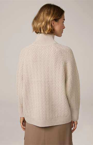 Textured Cashmere Pullover with Stand-up Collar in Light Beige