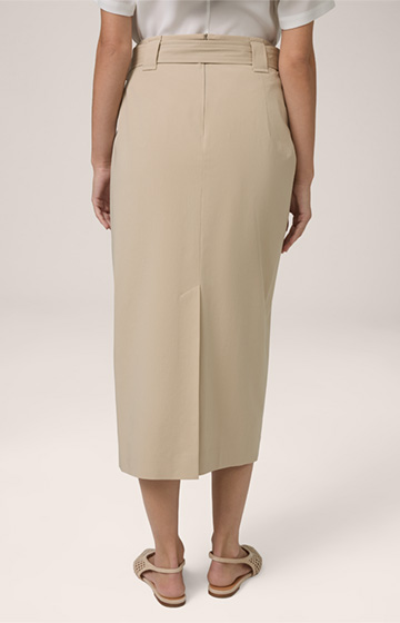 Stretch Cotton Gabardine Skirt with Wraparound Detail and Belt in Beige