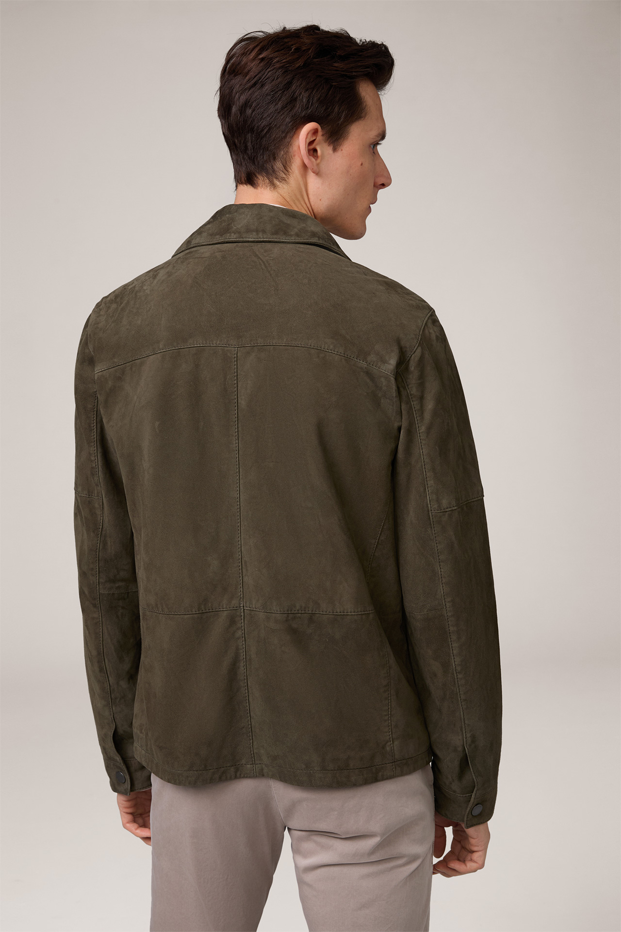 Oriolo Goatskin Suede Leather Jacket with Shirt Collar in Olive