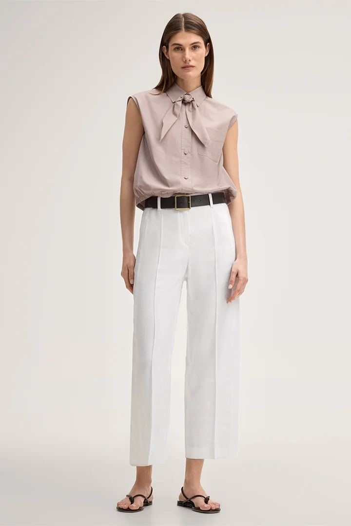 Stretch Linen Pleat-front Trousers in White