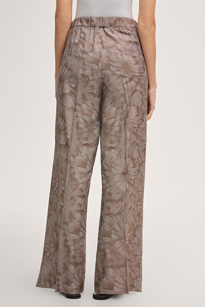 Viscose-silk blend printed palazzo trousers with pleats on the waistband in brown