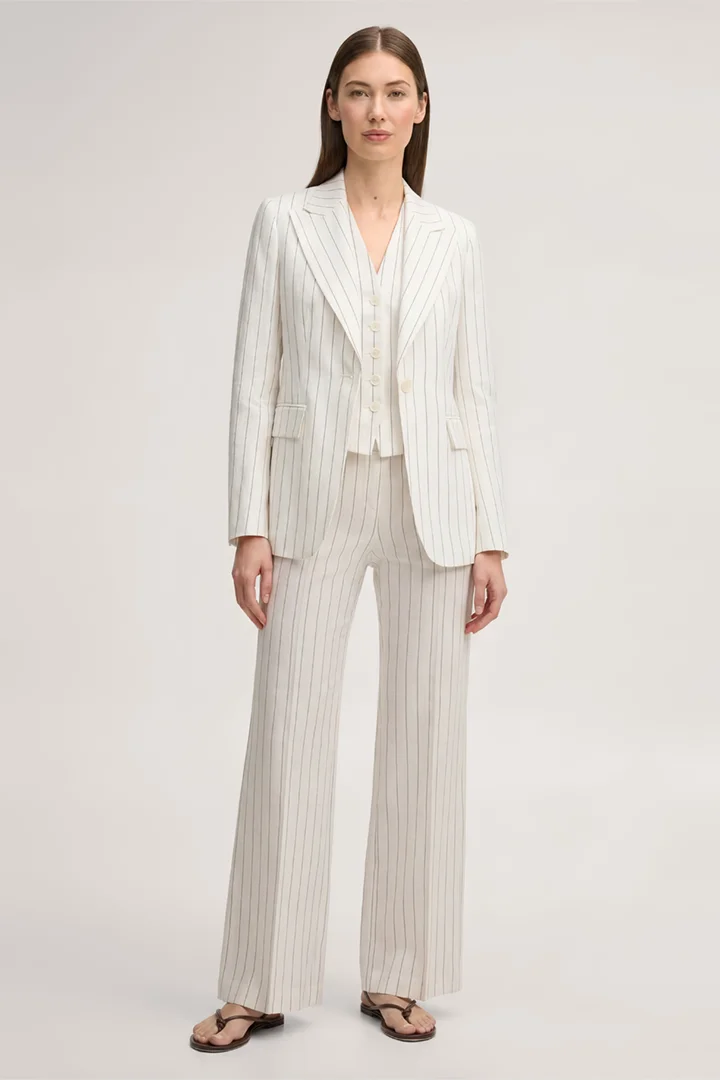 Leads to product detail page "Pinstriped linen-blend blazer in ecru and black"