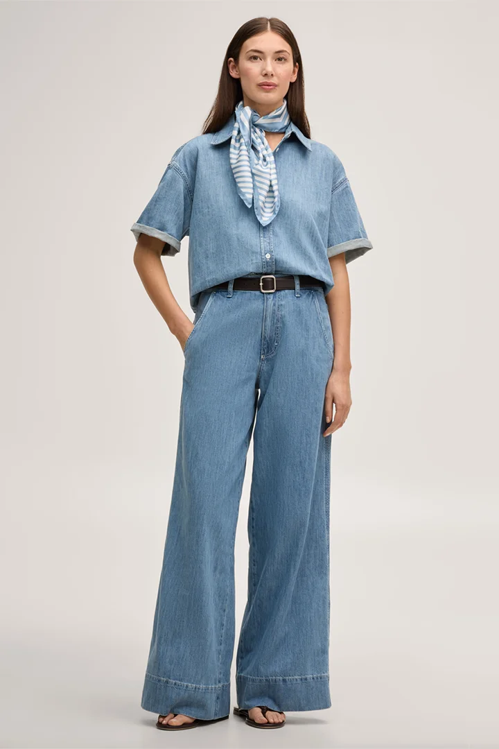 Führt zu Produktdetailseite „Jeans-Hemdbluse kurzarm in Mid Blue washed"