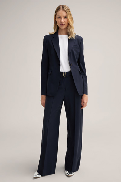 Virgin Wool Stretch Marlene Trousers with Belt in Navy