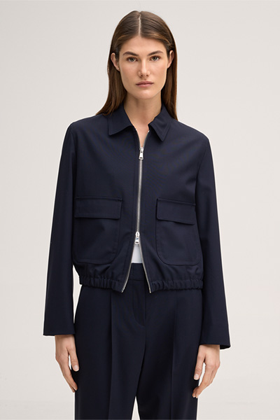 Virgin wool stretch jacket with zip in navy