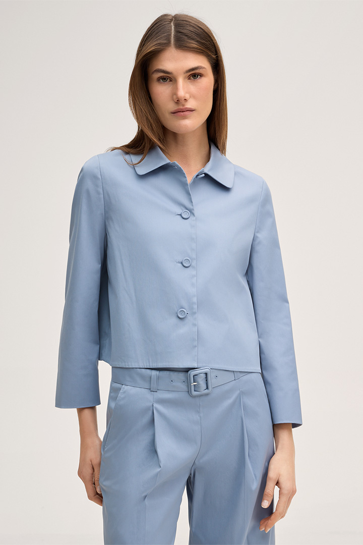 Leads to product detail page "Cotton stretch blazer jacket with turn-down collar in light blue"