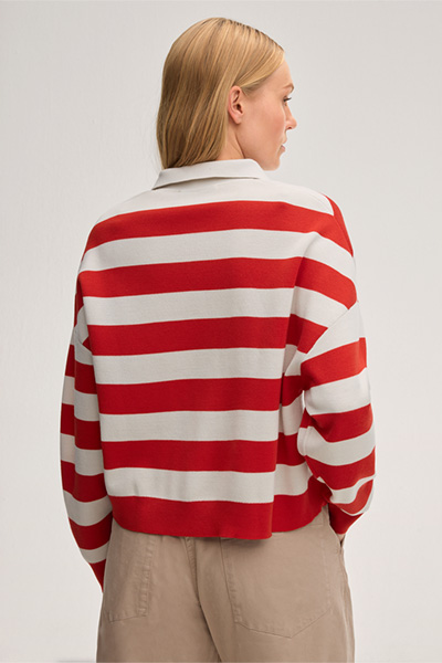 Merino-Strick-Polo-Shirt in Rot-Ecru gestreift