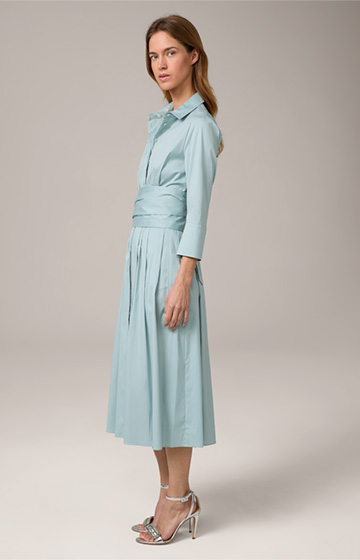 Cotton Stretch Midi Length Shirt Dress in Light Blue