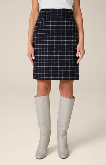 Wool Blend Boot Skirt in Navy and White Check