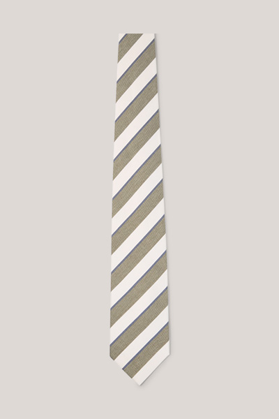 Führt zu Produktdetailseite „Baumwoll-Krawatte mit Seide in Oliv-Ecru gestreift"