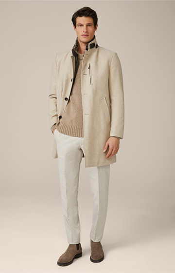 Rivano Stand-up Collar Coat with Cashmere and Lambskin Collar in Beige