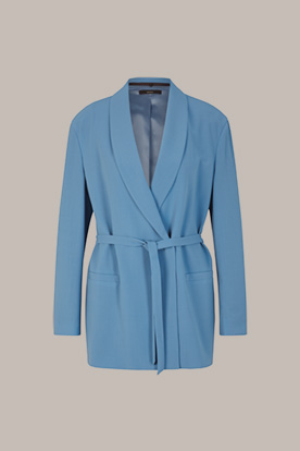 Wool Crêpe Longline Blazer with Belt in Blue
