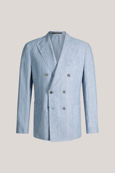 Salio double-breasted linen modular jacket in blue with pinstripes