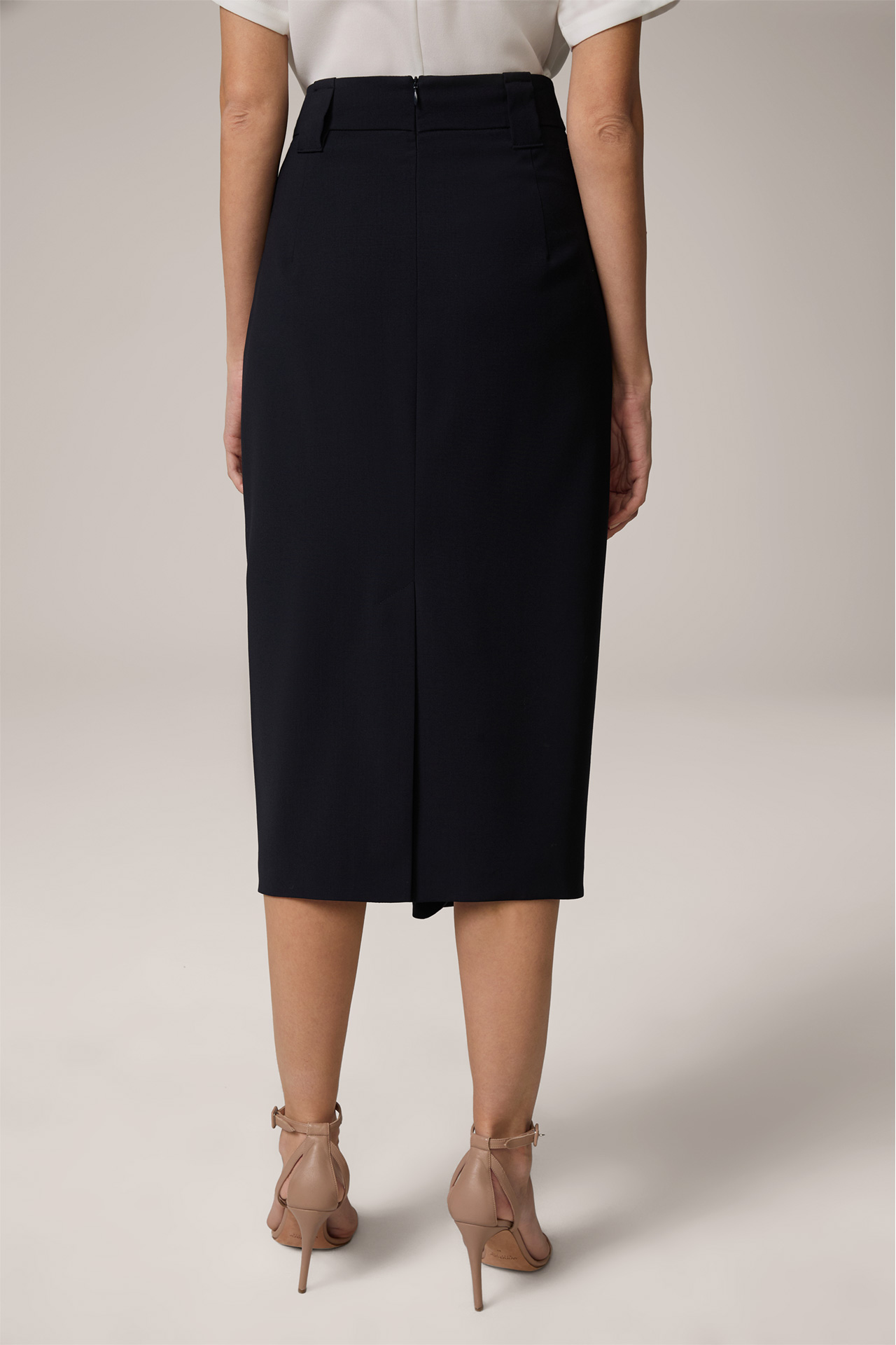 Virgin Wool Midi Length Skirt with Wrapover in Navy