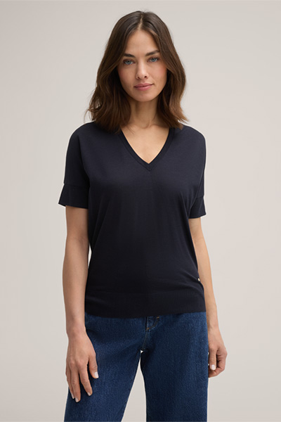 Tencel-Baumwoll T-Shirt mit V-Ausschnitt in Navy