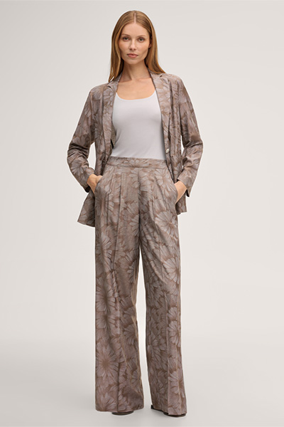 Viscose-silk blend printed palazzo trousers with pleats on the waistband in brown
