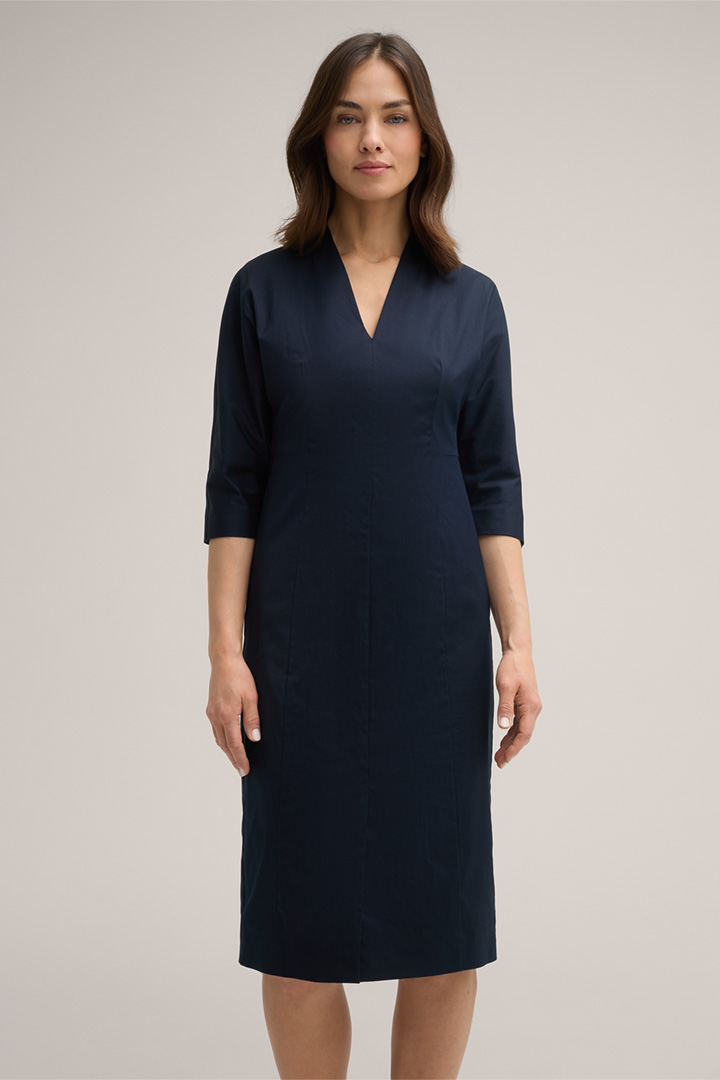 Cotton Stretch Sheath Dress with V-neck in Navy