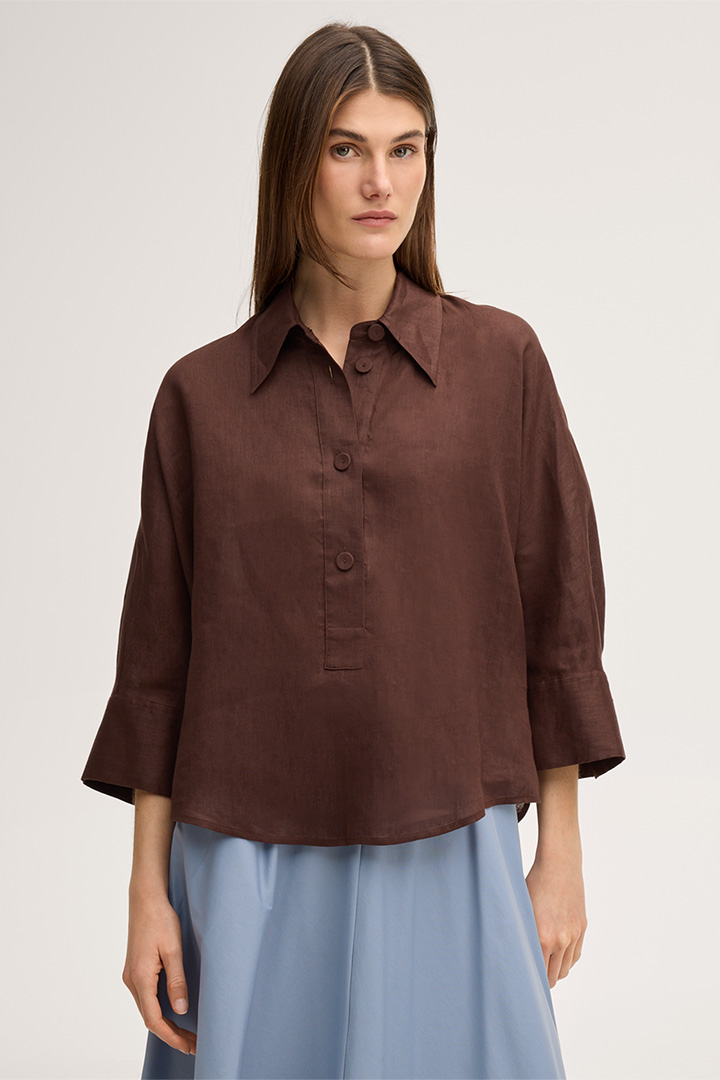 Leads to product detail page "Linen shirt blouse with turn-down collar in dark brown"