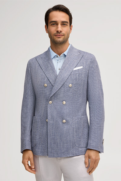 Salio Double-breasted Jacket in a Cotton Blend with Linen in Blue Herringbone