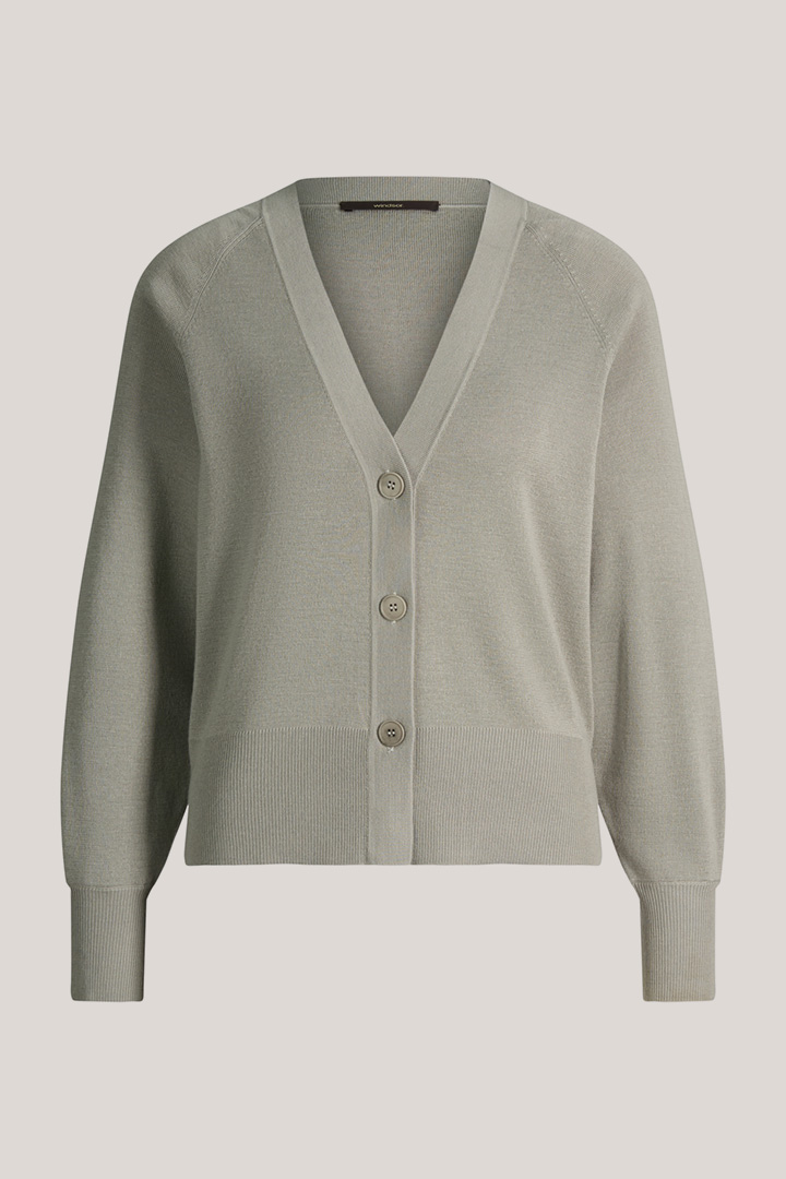 Führt zu Produktdetailseite „Schurwoll-Seidenmix-Cardigan in Salbeigrün"