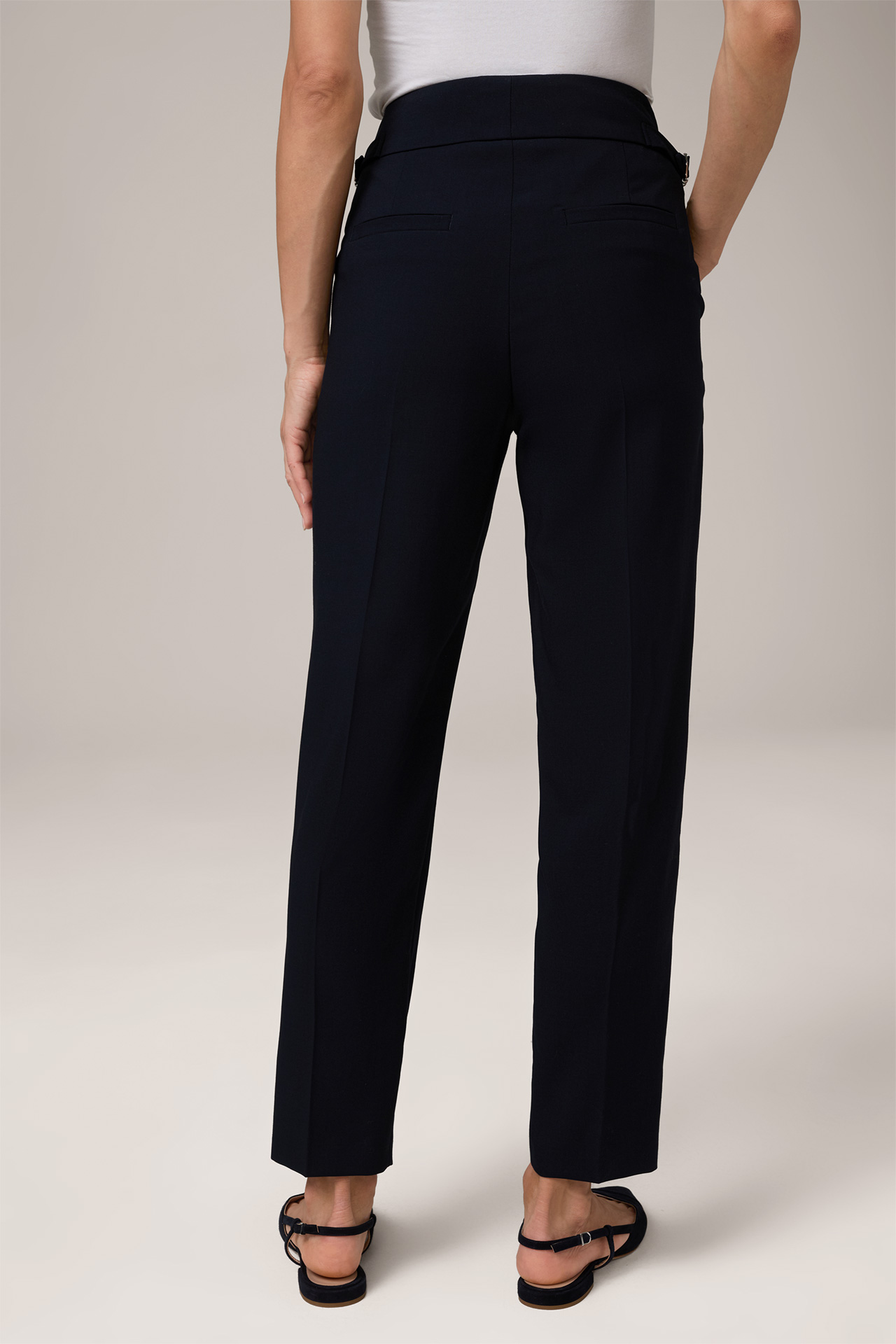 Virgin Wool Crêpe Pleated Trousers with Tab Details in Navy