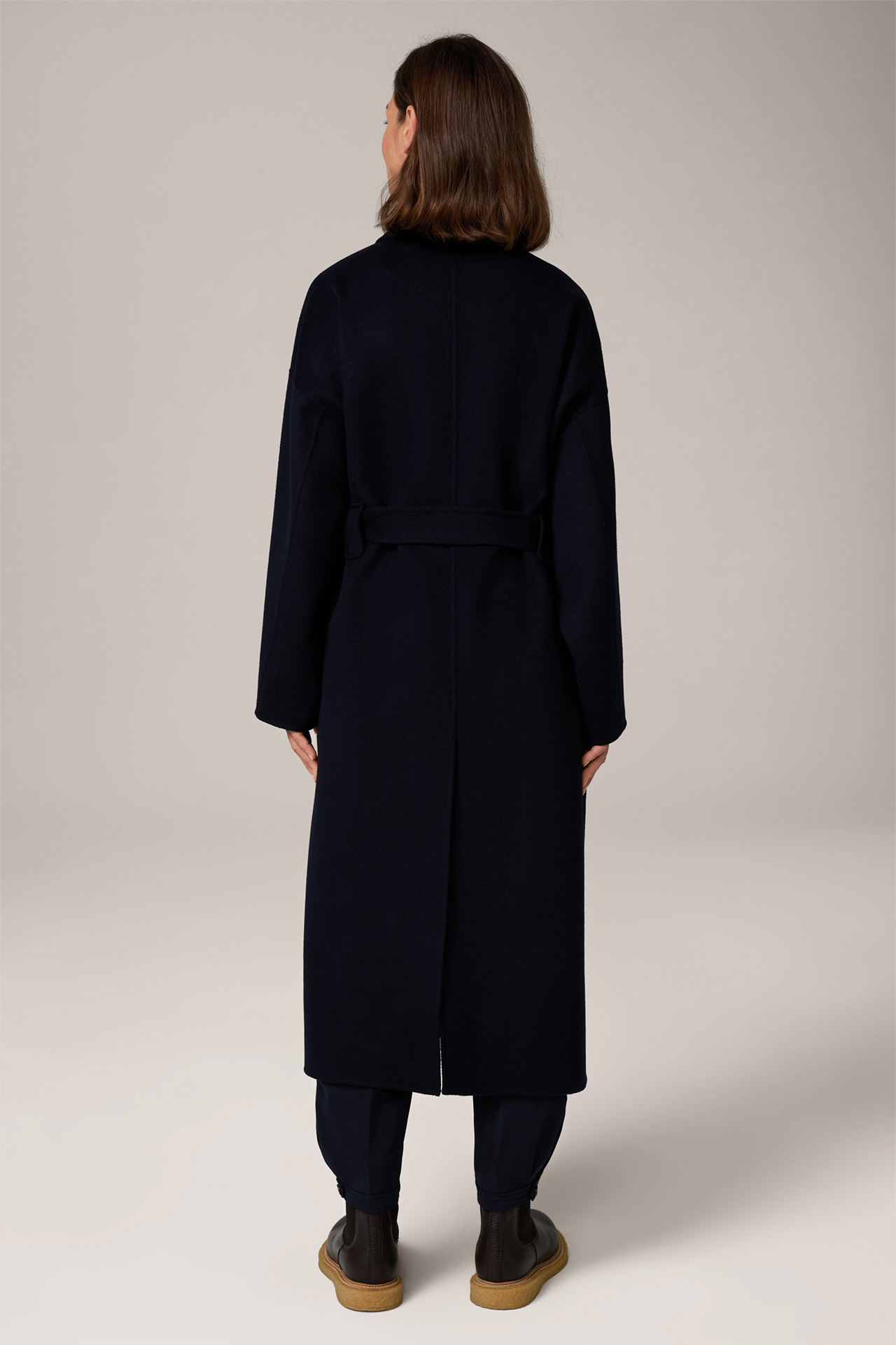 Virgin Wool Coat with Belt in Navy