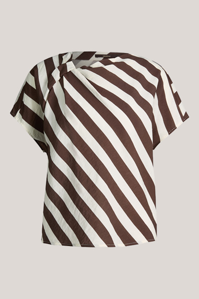 Viscose-linen blend blouse shirt in ecru and dark brown stripes