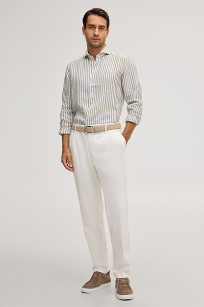 Leinen-Hemd Lano in Oliv-Weiss gestreift