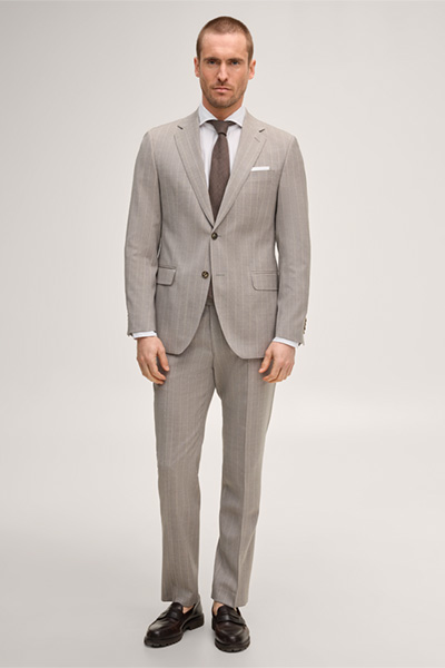 Leads to product detail page "Sera-Sole virgin wool suit in grey and brown stripes"
