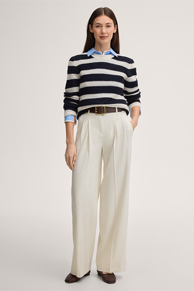 Schurwoll-Cashmere-Pullover in Navy-Ecru gestreift