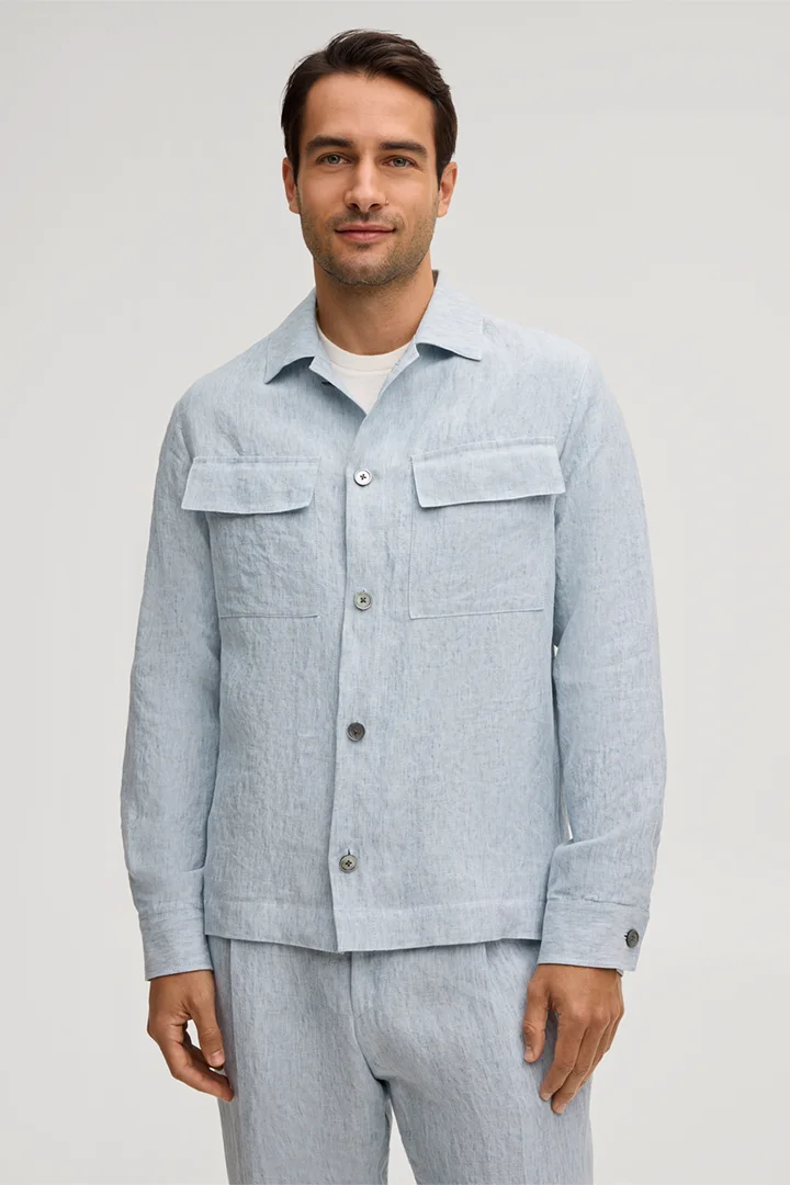 Leads to product detail page "Linen modular overshirt Lavoro in washed blue"
