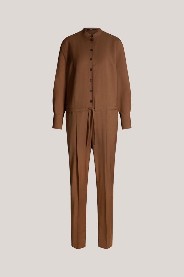 Virgin Wool Overalls with Stand-up Collar in Brown