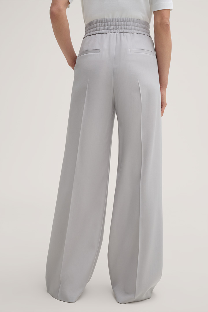 Virgin Wool Gabardine Palazzo Trousers with Pleats in Grey