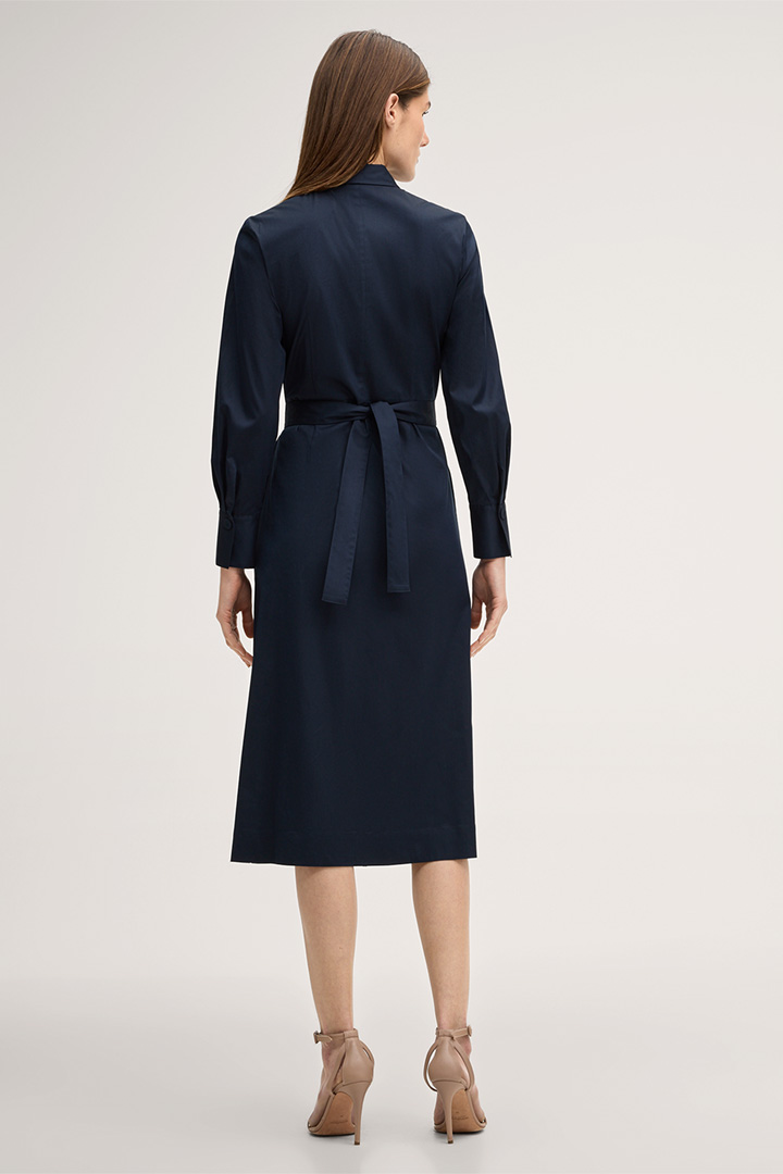Midi-length stretch cotton shirt dress with shirt collar in navy