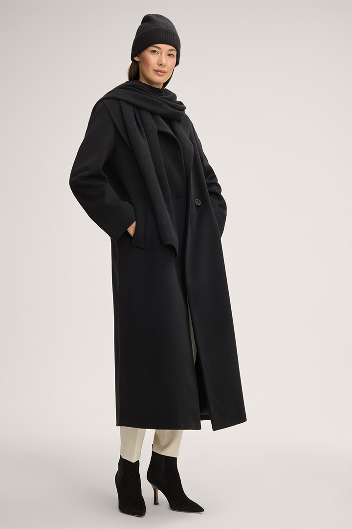 Führt zu Produktdetailseite „Wollmix-Doppelreiher-Mantel mit Stehkragen in Schwarz"