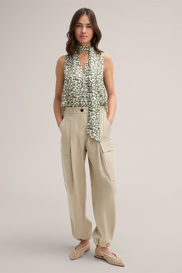 Printed Pussycat Bow Blouse in Lyocell and Linen in Sage Green