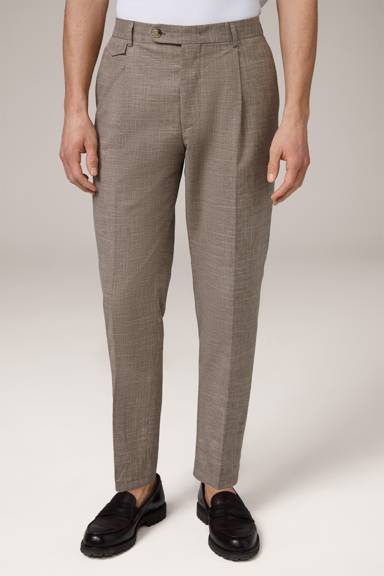 Silvi Cotton Blend Modular Trousers with Pleats in Brown and Beige Patterned