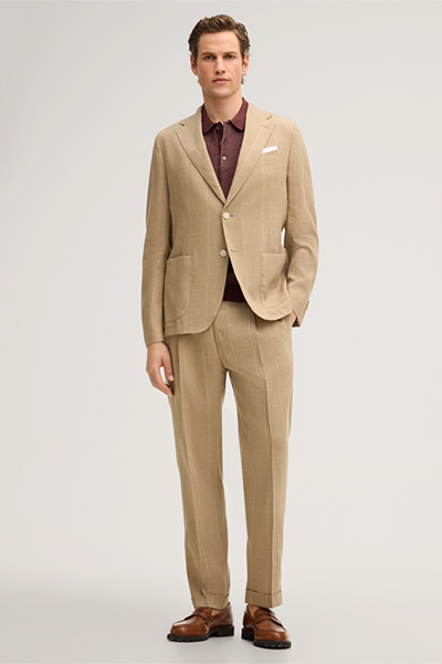 Schurwollmix-Baukasten-Sakko Giorno mit Leinen in Beige mit Nadelstreifen
