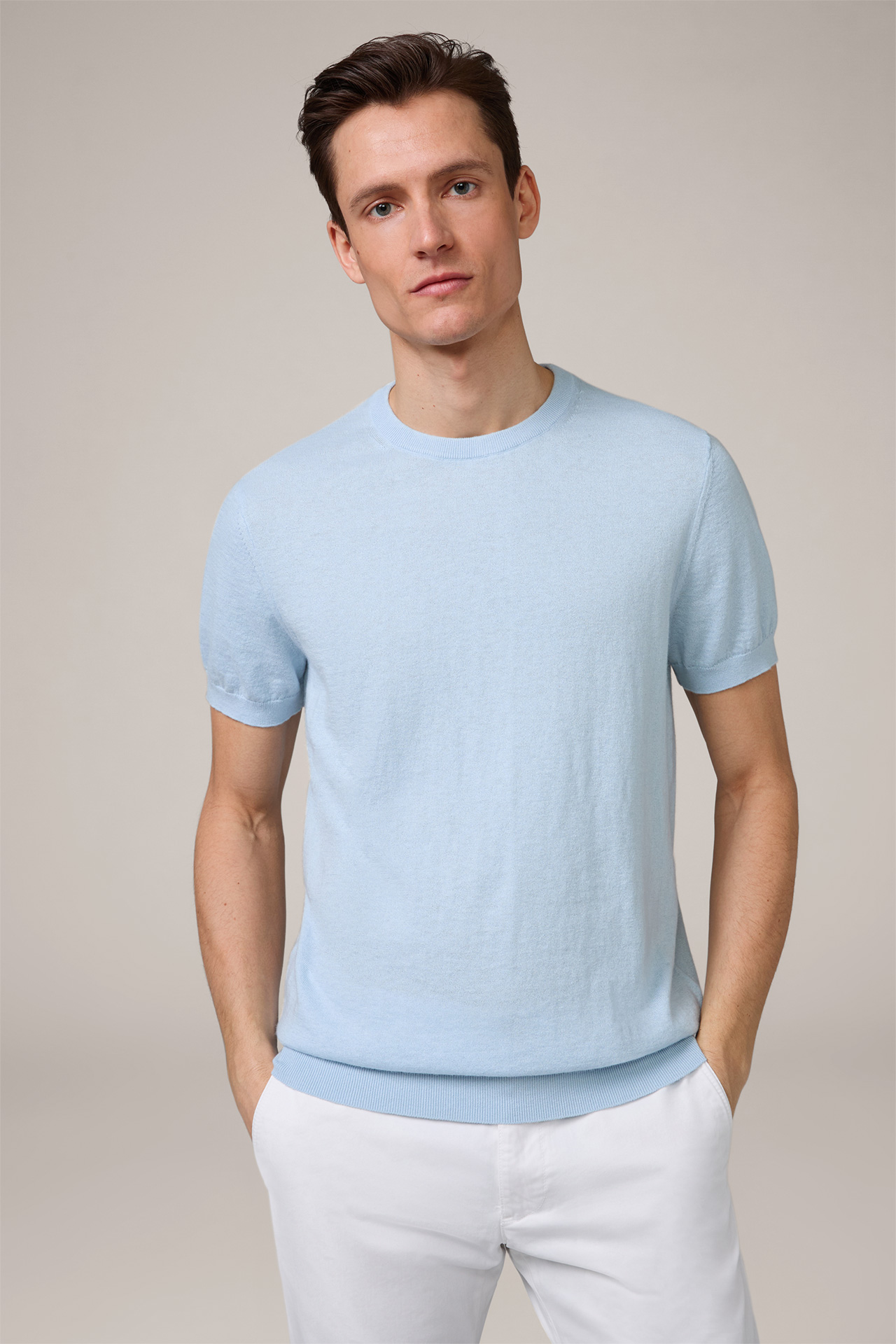 T-shirt Cashmino en tricot de coton avec cachemire, en bleu clair