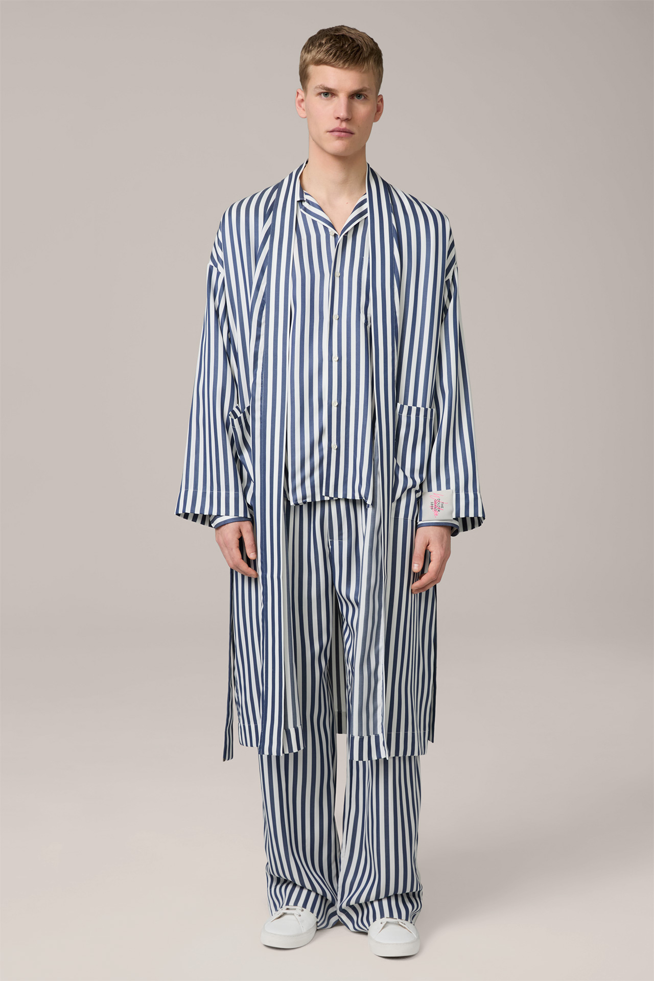Unisex navy striped lyocell dressing gown