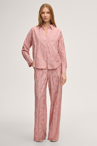 Pantalon palazzo imprimé en viscose et soie mélangées, avec plis à la taille, couleur rose