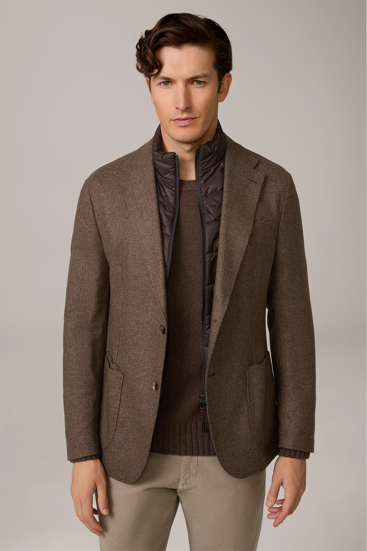 Triest Wool Blend Jacket with Cashmere and Inlay in Brown