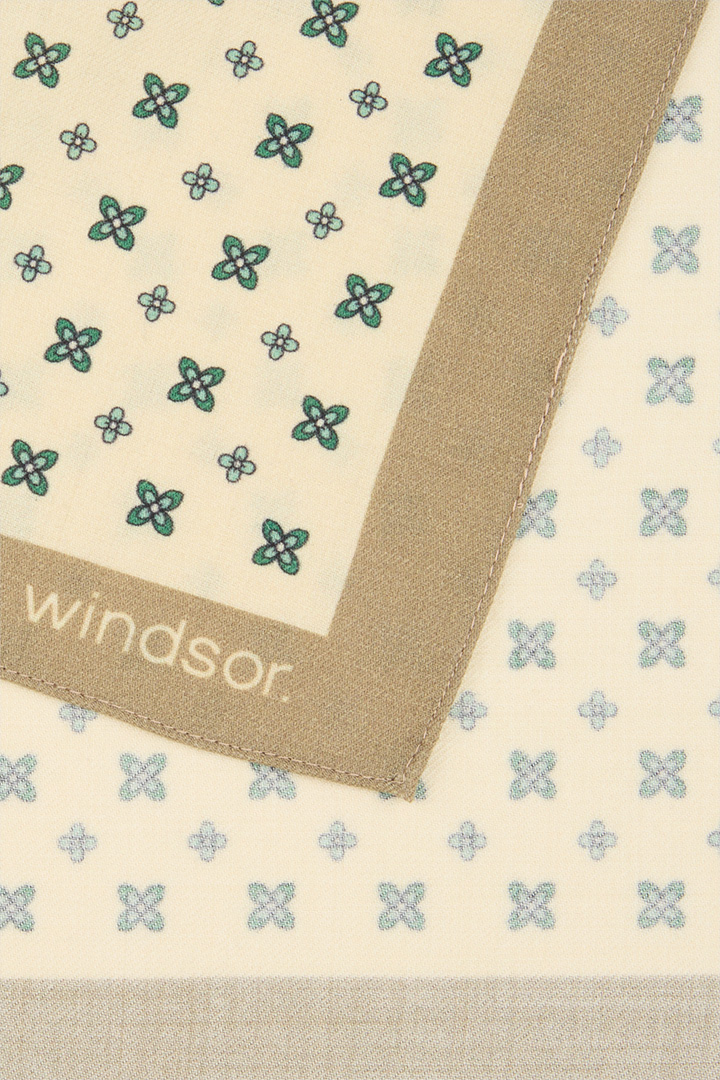 Leads to product detail page "Breast Pocket Handkerchief in Virgin Wool in a Beige and Green Pattern"