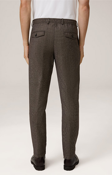 Flomo Virgin Wool Trousers with Pleated Front in Textured Brown and Beige