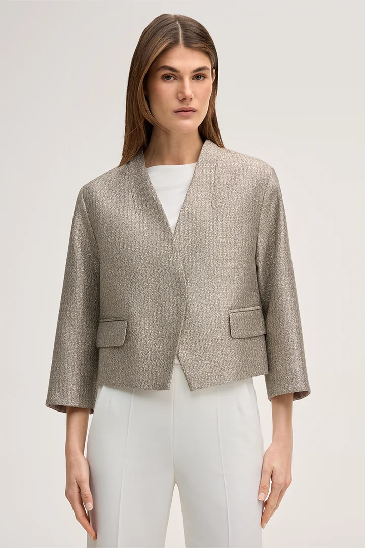 Leads to product detail page "Cotton blend blazer cardigan with shawl collar in gold"