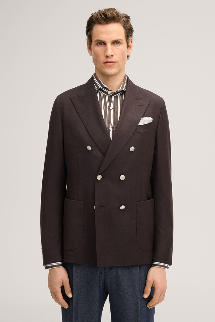 Leads to product detail page "Salernos double-breasted modular suit in brown virgin wool"