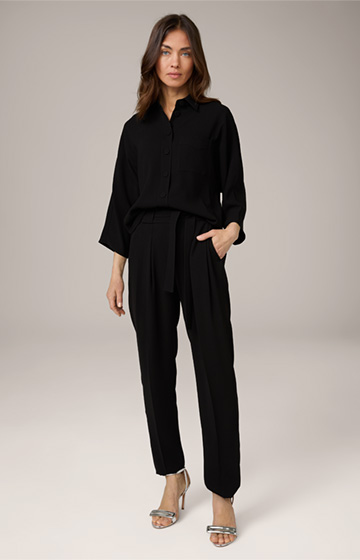 Crêpe Blouse with Shirt Collar, Oversized, in Black