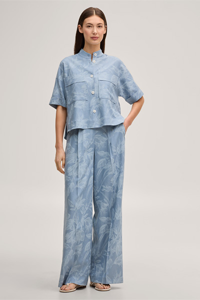 Viscose-linen blend palazzo trousers in light blue and ecru