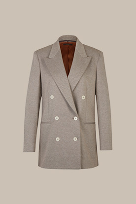 Jersey Double-Breasted Longline Blazer in Brown and Ecru Patterned